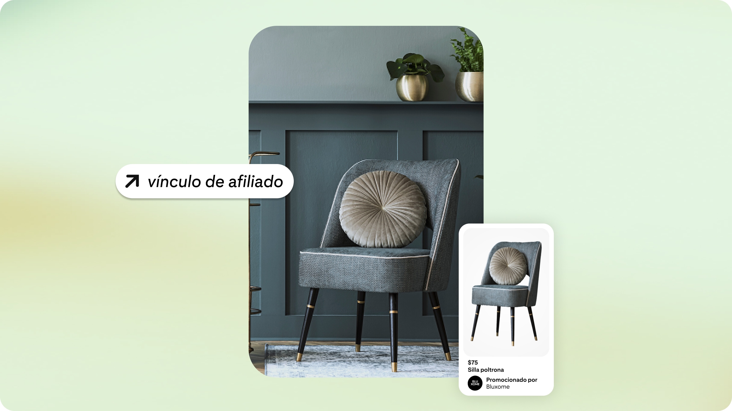 Imagen de silla gris con cojín circular frente a pared gris oscuro con dos plantas en macetas doradas. “Vínculo de afiliado” en burbuja de texto, en el centro a la izquierda. En la parte inferior derecha, la imagen de la página del producto de la silla.