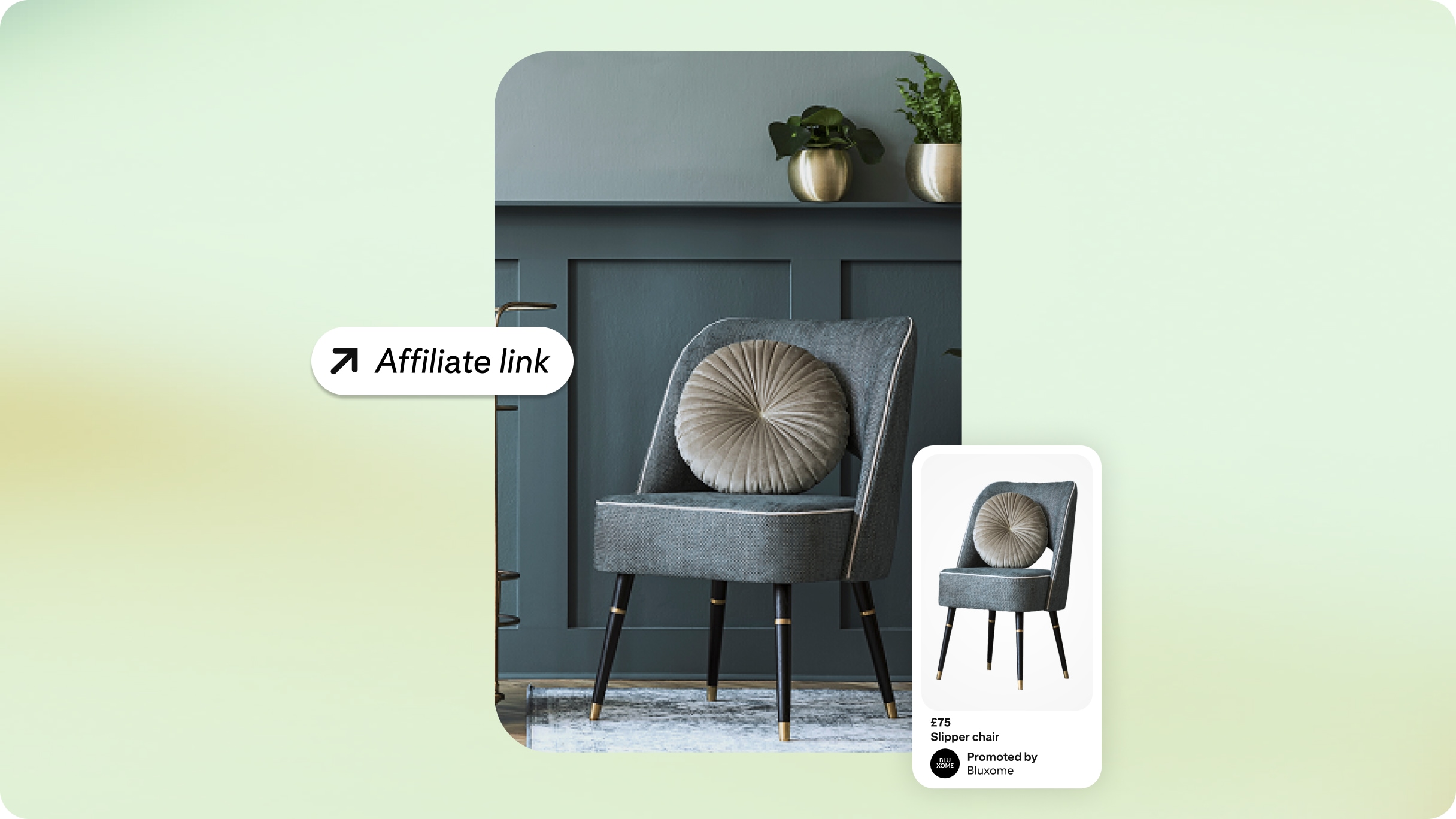 An image of a grey chair with a large circular pillow in front of a dark grey dado rail holding two plants in gold pots. ‘Affiliate link’ is overlaid in a text bubble on the middle left. The product page image of the chair is on the bottom right.