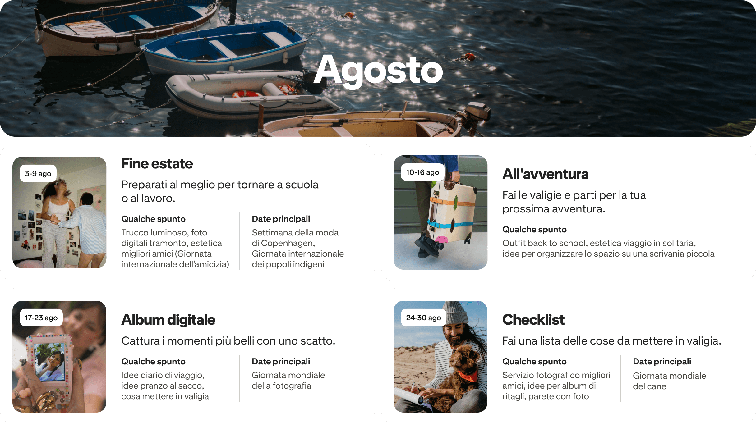 August planner view with four cards: First class, Packed, Camera roll and Check list, each dated and paired with photos.
