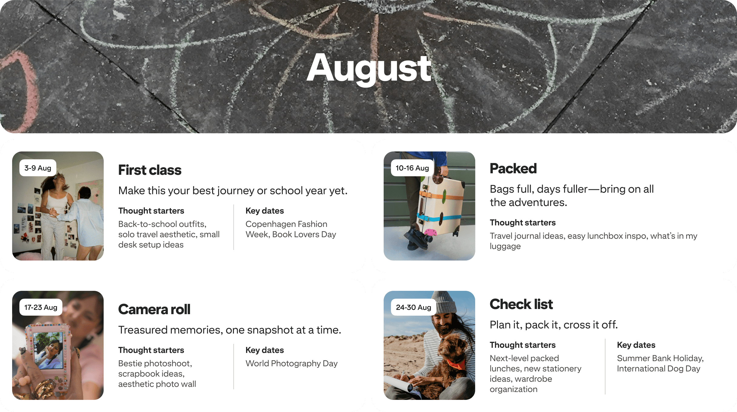 August planner view with four cards: First class, Packed, Camera roll and Check list, each dated and paired with photos.