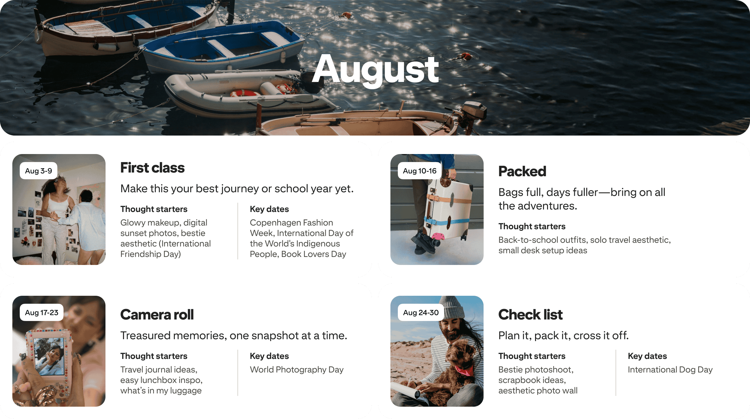 August planner view with four cards: First class, Packed, Camera roll and Check list, each dated and paired with photos.