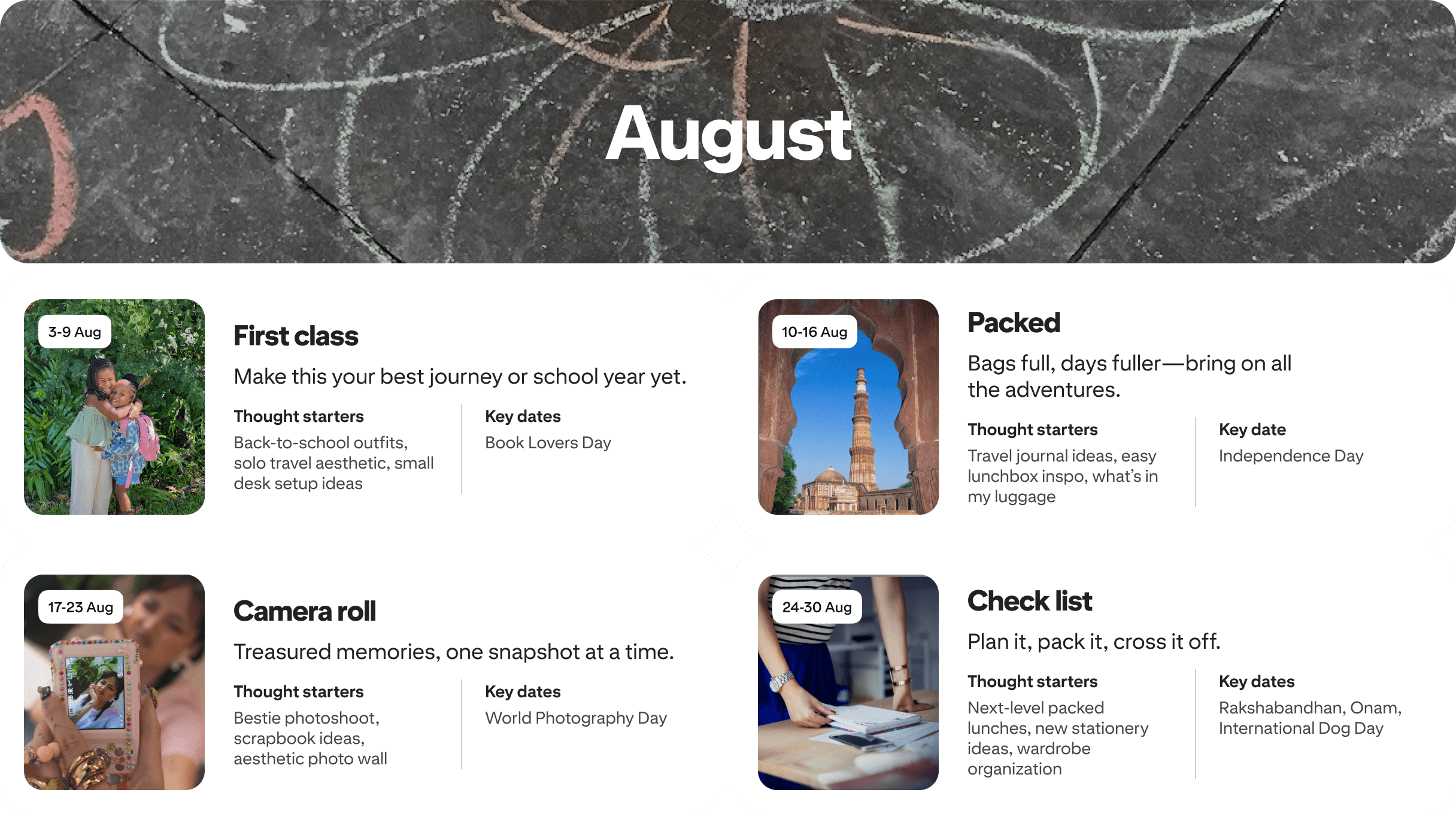 August planner view with four cards: First class, Packed, Camera roll and Check list, each dated and paired with photos.