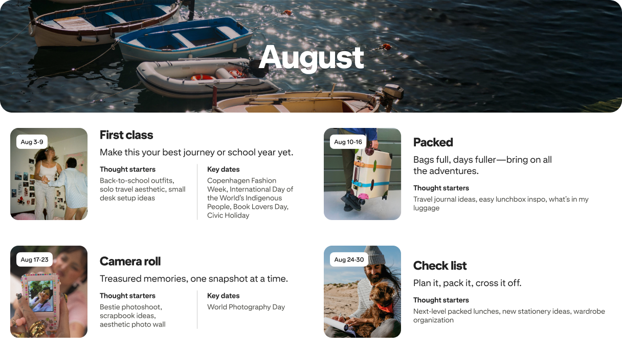 August planner view with four cards: First class, Packed, Camera roll and Check list, each dated and paired with photos.
