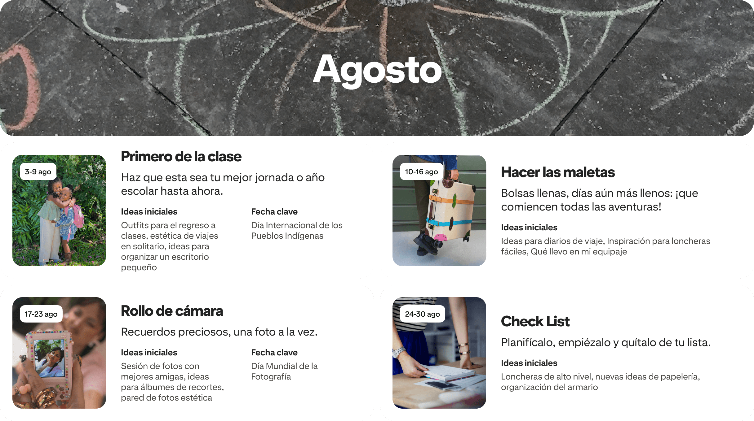 August planner view with four cards: First class, Packed, Camera roll and Check list, each dated and paired with photos.