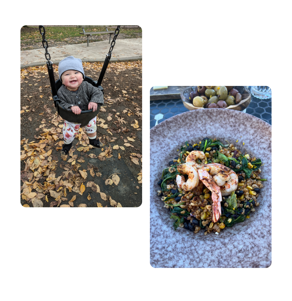 Two pins, baby in swing set, kid scooter with fall leaves