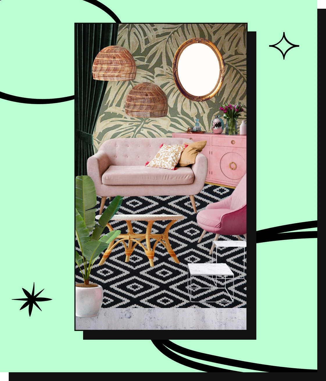 Collage containing cutouts of a pink sofa, rattan pendant lights, mirror, tropical print wallpaper and graphic rug.