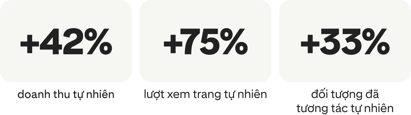 Doanh thu tự nhiên tăng 42%; lượt xem trang tự nhiên tăng 75%; đối tượng đã tương tác tự nhiên tăng 33%