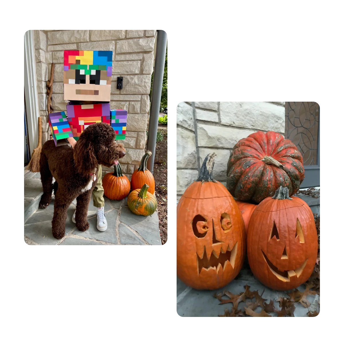 Two pins, homemade kids halloween costume, carved pumpkins