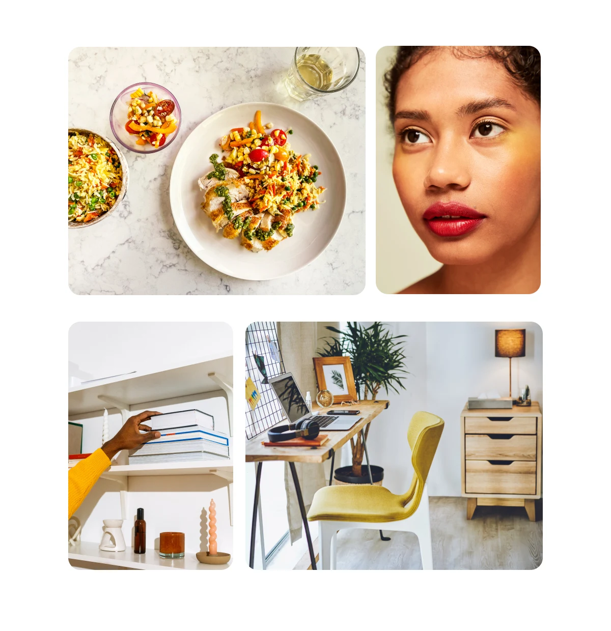 Grid of four images, including healthy dinner ideas, 10-minute makeup, positive 5-9 routine, small desk setup