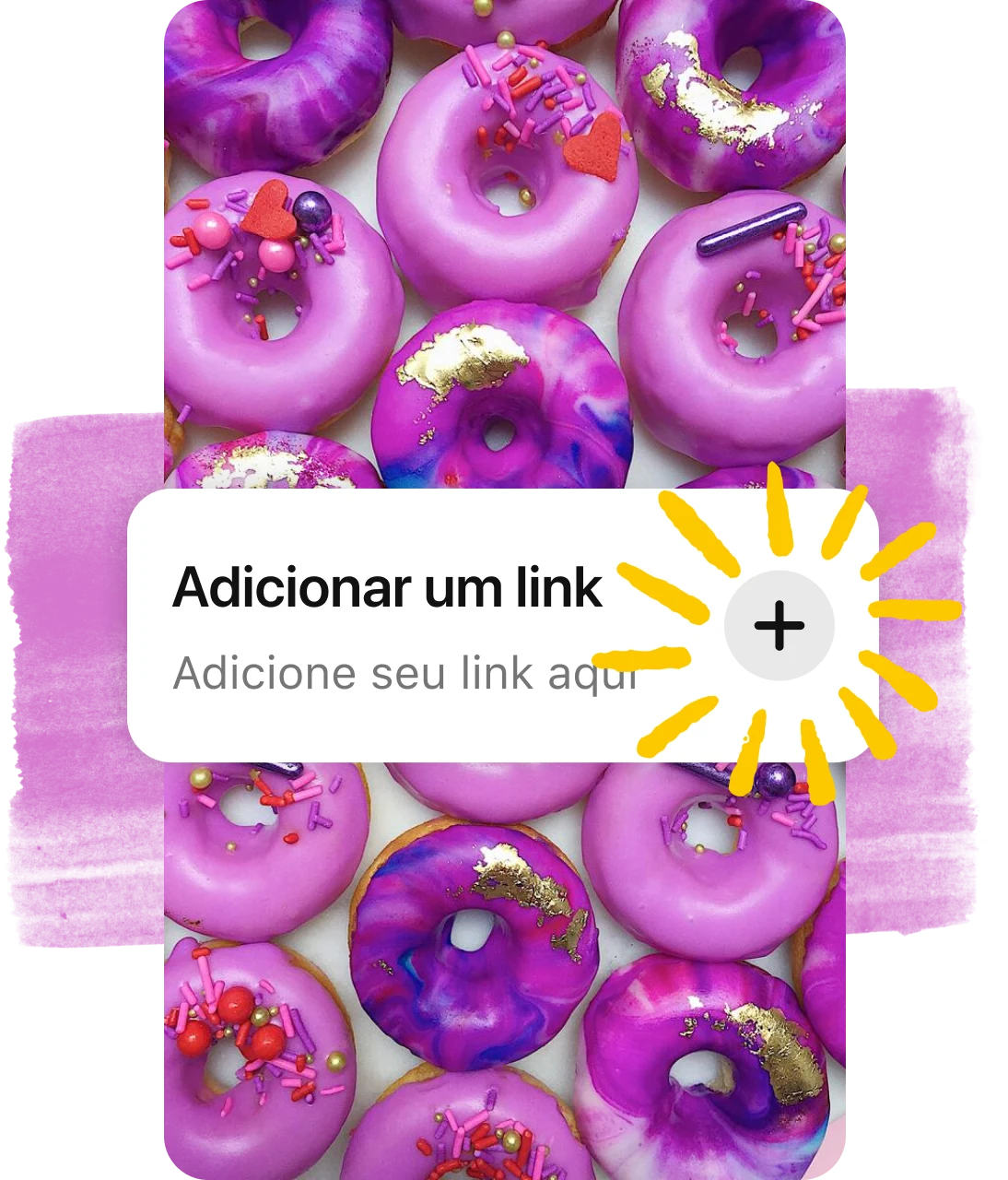 Botão &quot;Adicionar link&quot; sobreposto no Pin de rosquinhas roxas