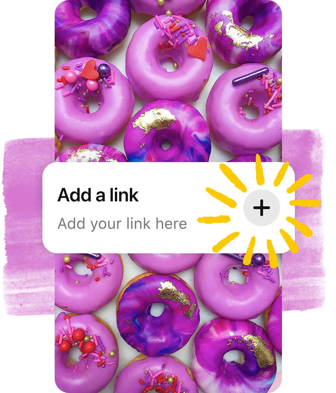 An ‘Add a link’ button overlaid on a Pin of purple doughnuts
