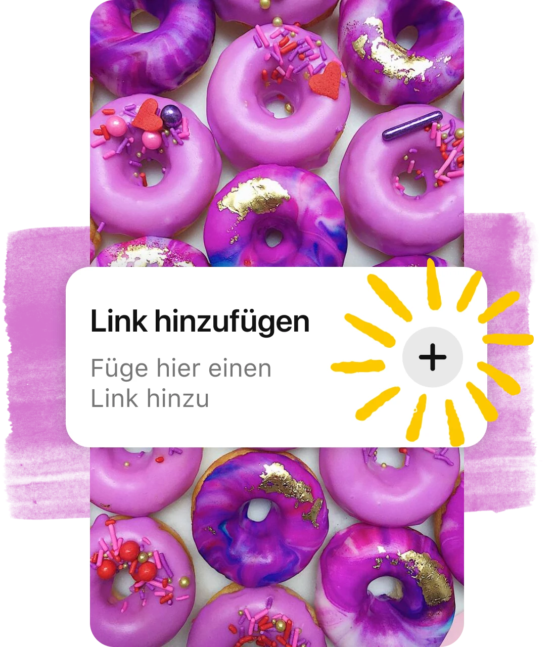 Liste mit Tags und lila Button zum Hinzufügen auf Pin mit lila Donuts