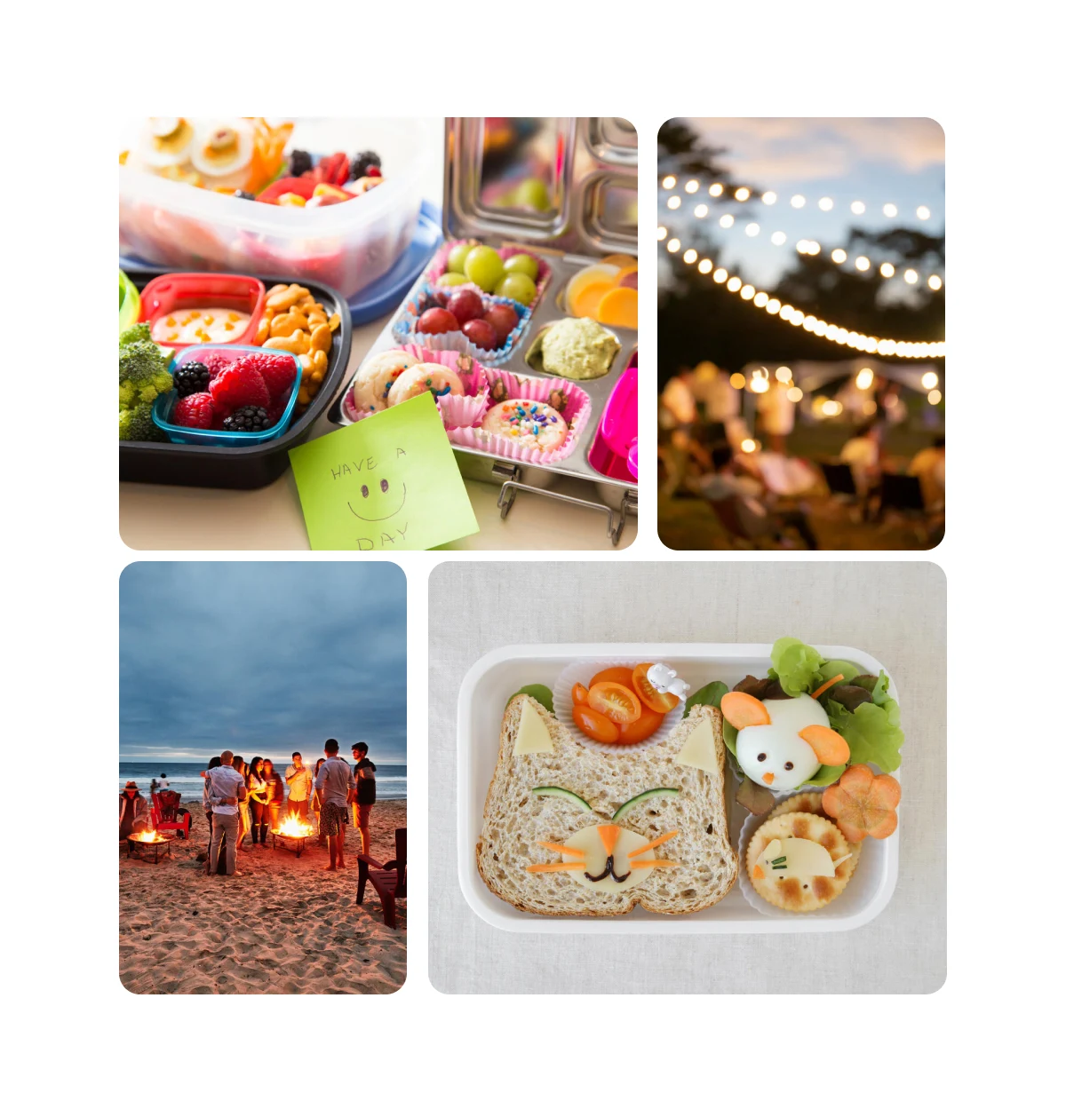  Pin grid featuring lunch box meals, blurry photo of string lights in a backyard, a group of people at a beach bonfire, and a bento box lunch with sandwich shaped like a cat..