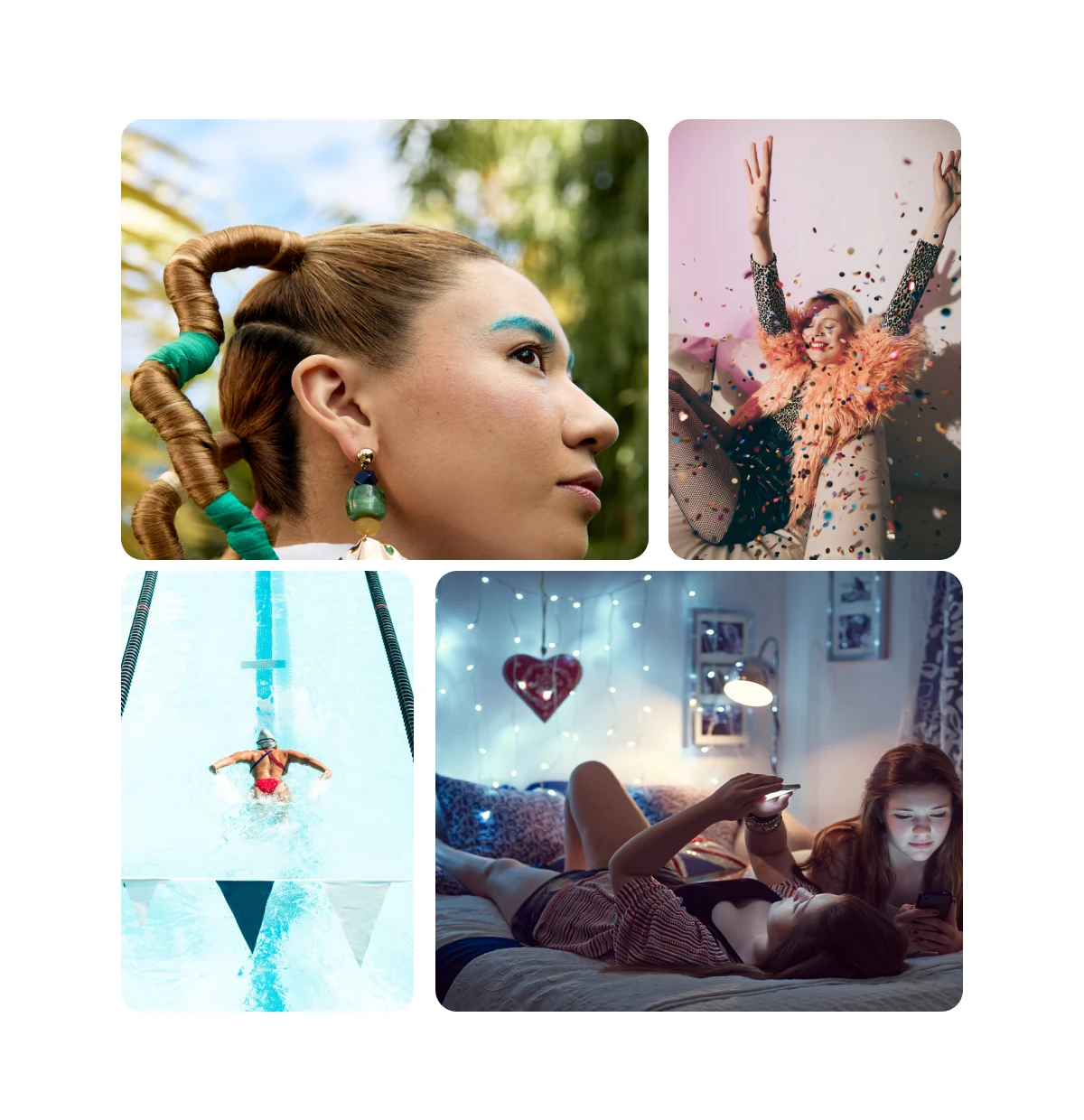  Pin grid featuring woman with blue eyebrows and wacky hair, woman sitting down throwing confetti, person swimming in olympic swimming pool, two girls in a bedroom on their phones.