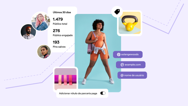 A imagem mostra uma colagem de Pin de uma mulher com roupa fitness laranja cercada por Pins de equipamentos de ginástica, avatares de seguidores e estatísticas de público.