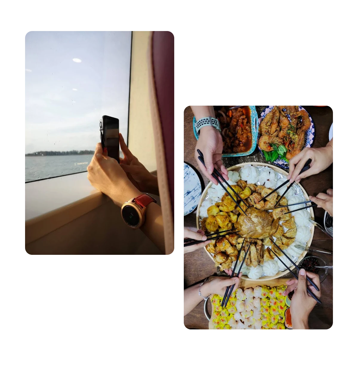 Two pins, cell phone taking photo of water out of window, dish being shared