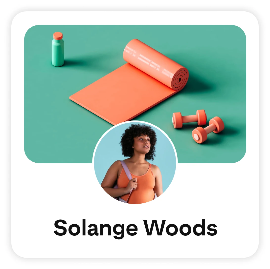 Pinterest profile card for Solange Woods featuring a circular image of a woman who has curly hair and is wearing headphones. The background showcases an orange yoga mat with and a set of orange hand weights and a water bottle.
