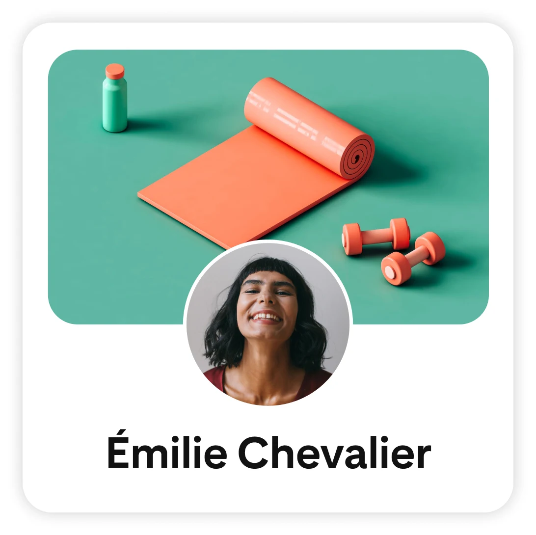 Carte de profil Pinterest de Solange Woods avec une image circulaire d’une femme aux cheveux bouclés portant un casque. L’arrière-plan montre un tapis de yoga orange avec un ensemble d’haltères et une gourde.