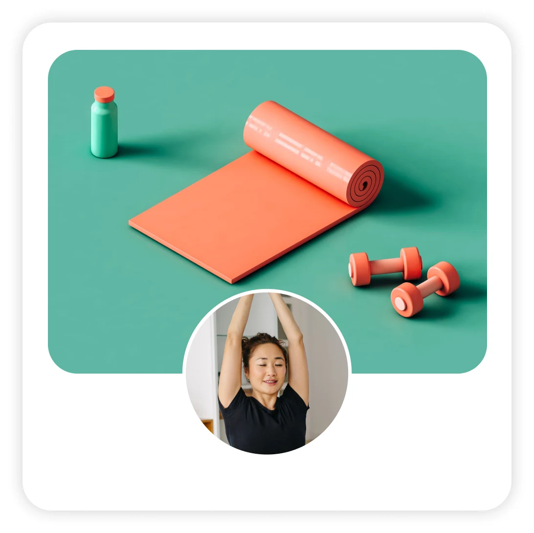 Pinterest profile card for Solange Woods featuring a circular image of a woman with long hair looking toward the camera. The background showcases a purple yoga mat with  three  resistance bands in pink and peach arranged at the top.