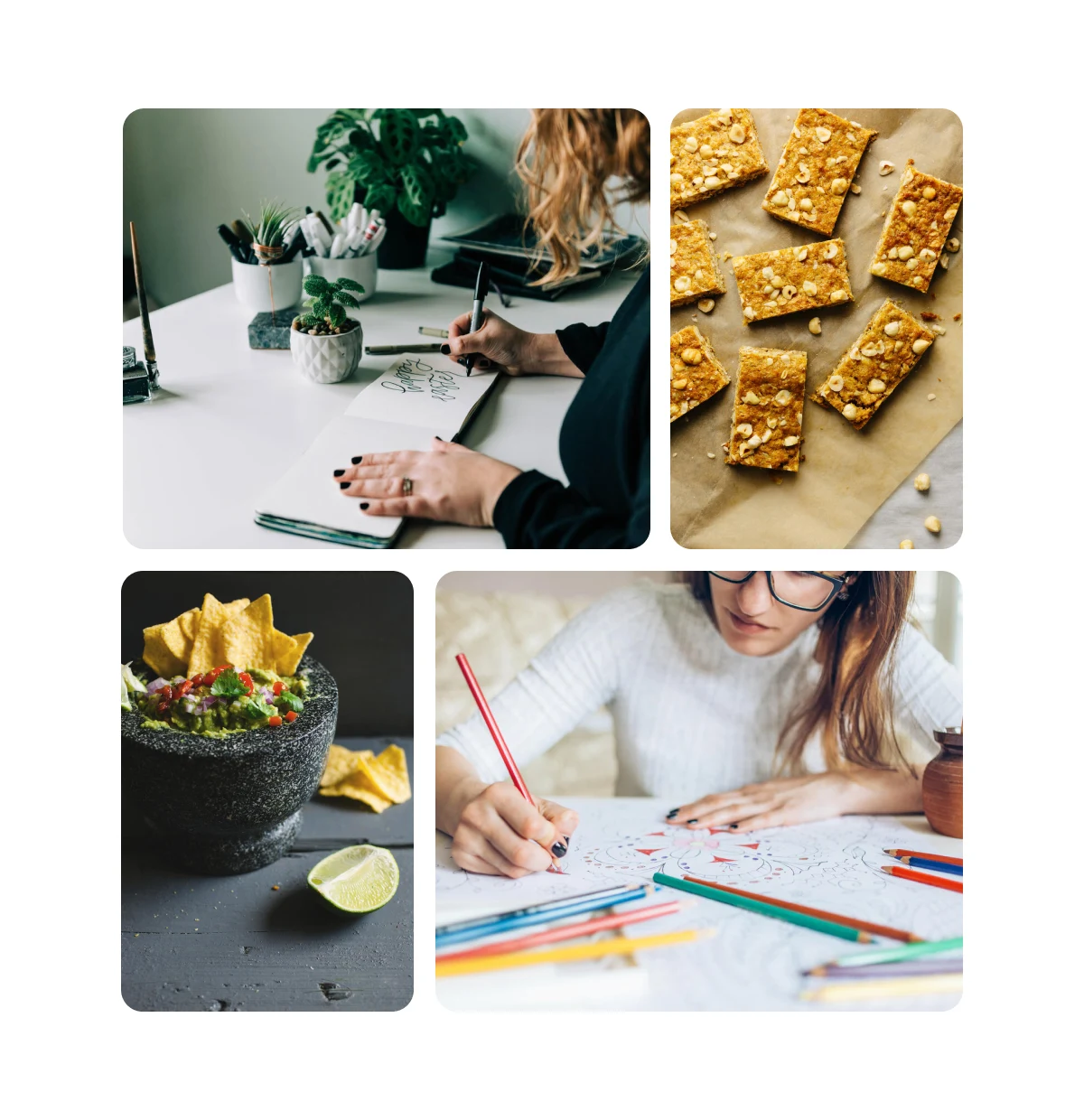  Pin grid featuring woman drawing in a notebook, granola bars, guacamole, and a woman coloring a picture