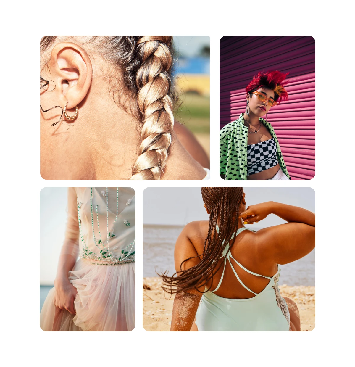  Pin grid featuring bleach blonde braid, person with eclectic fashion, fairly princess dress, and a Black woman with braids on the beach.