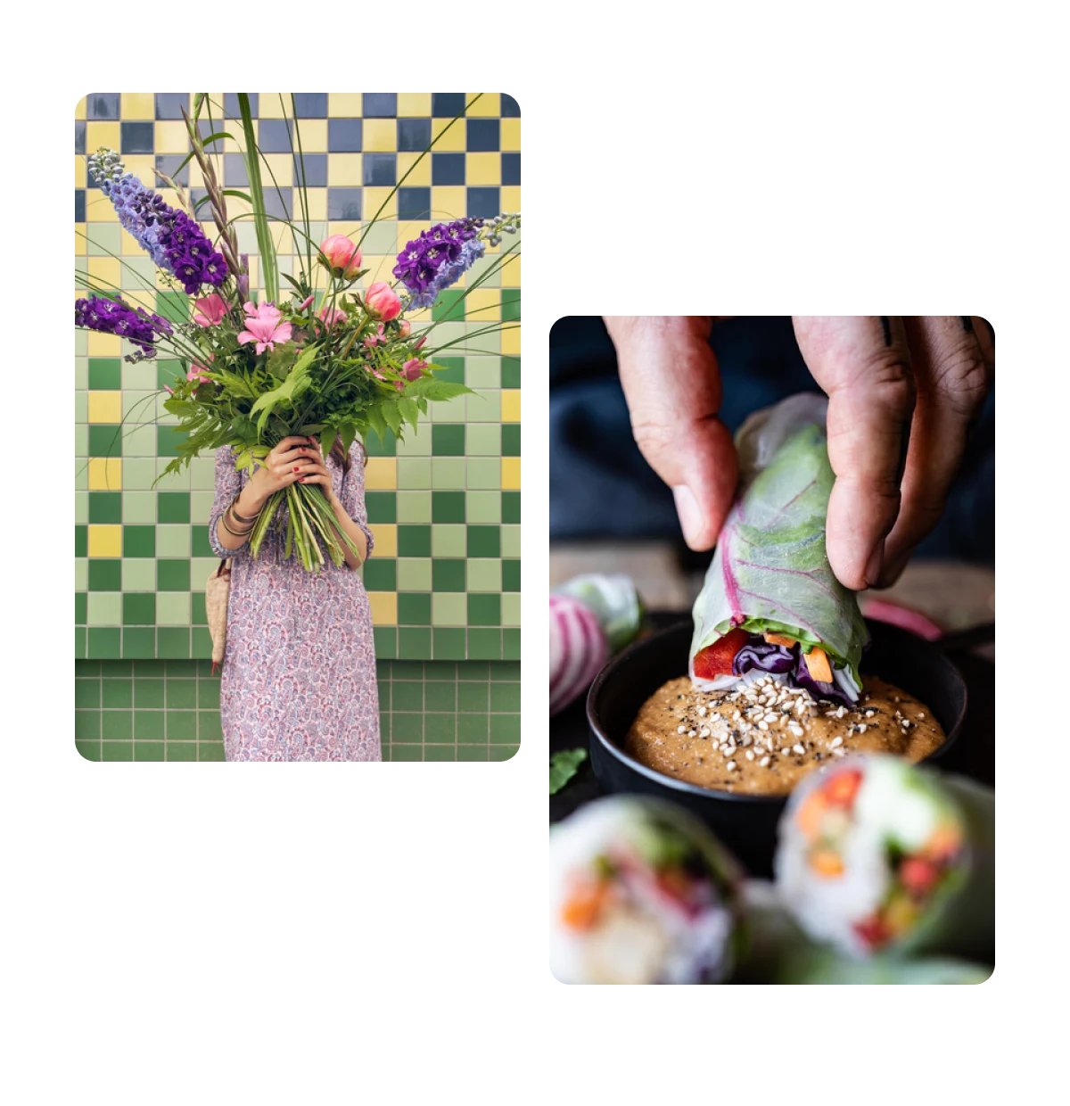 Two pins, girl with big bunch of flowers, fresh Vietnamese roll dipped in sauce