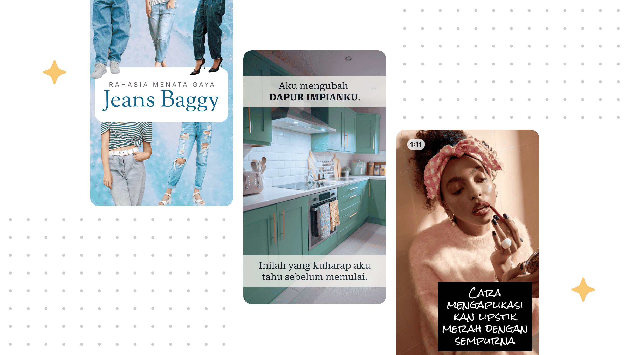 Tiga Pin ditampilkan pada latar belakang terang dengan pola titik halus.