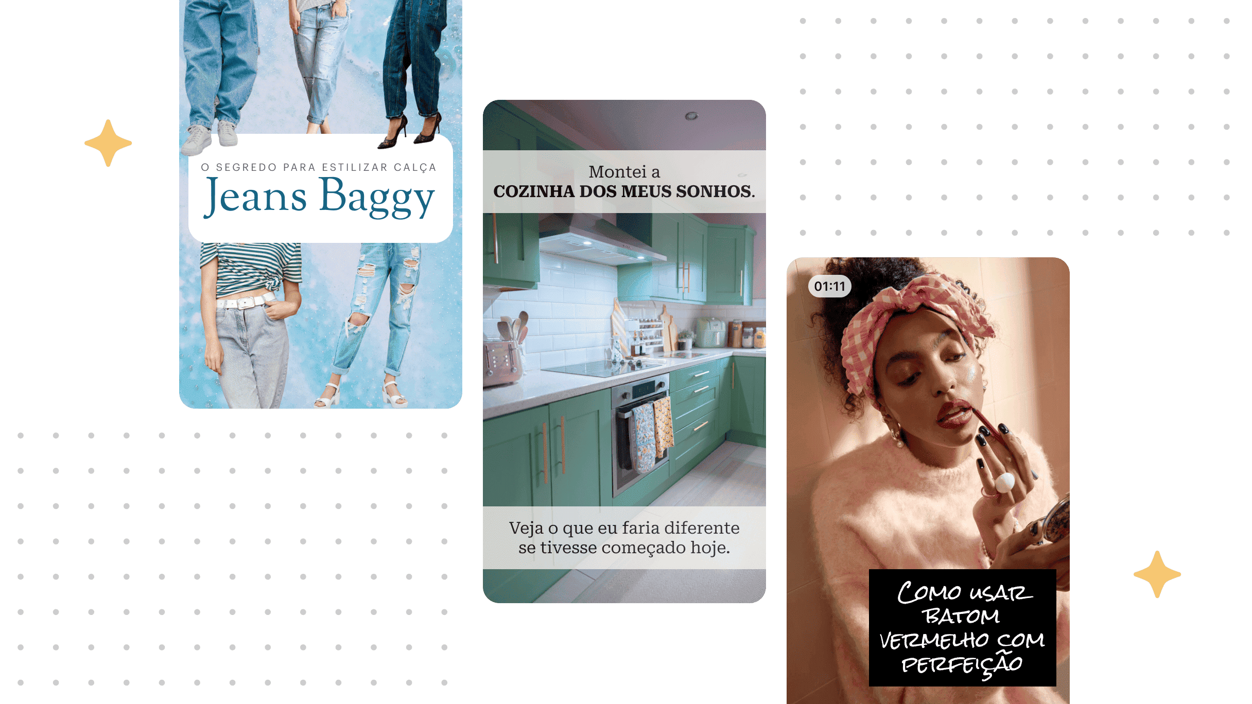 Três Pins exibidos em um fundo claro com padrão de pontos sutis.