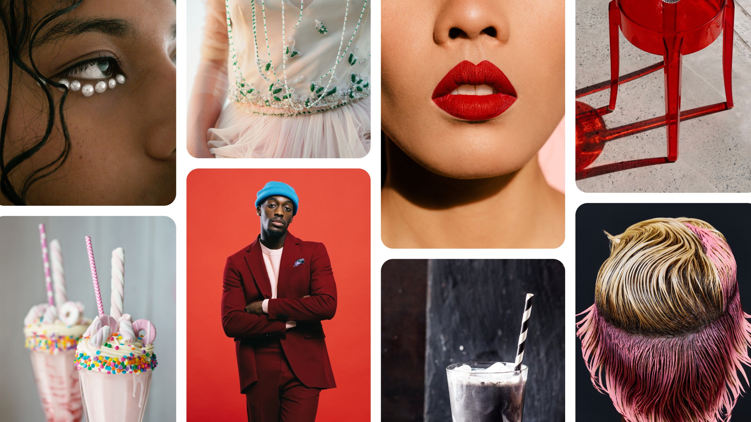 Pin grid of trends for beauty, cherry red aesthetic and ice cream floats