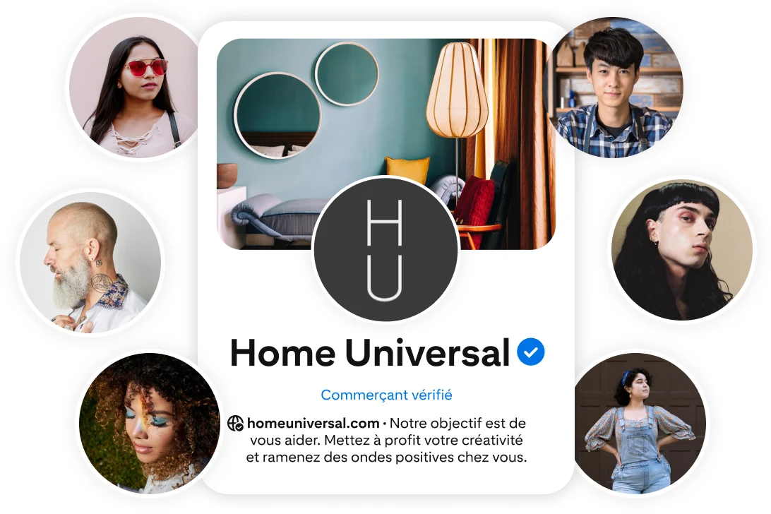 Plusieurs images de profil de créateurs commerçants autour du profil Pinterest Home Universal