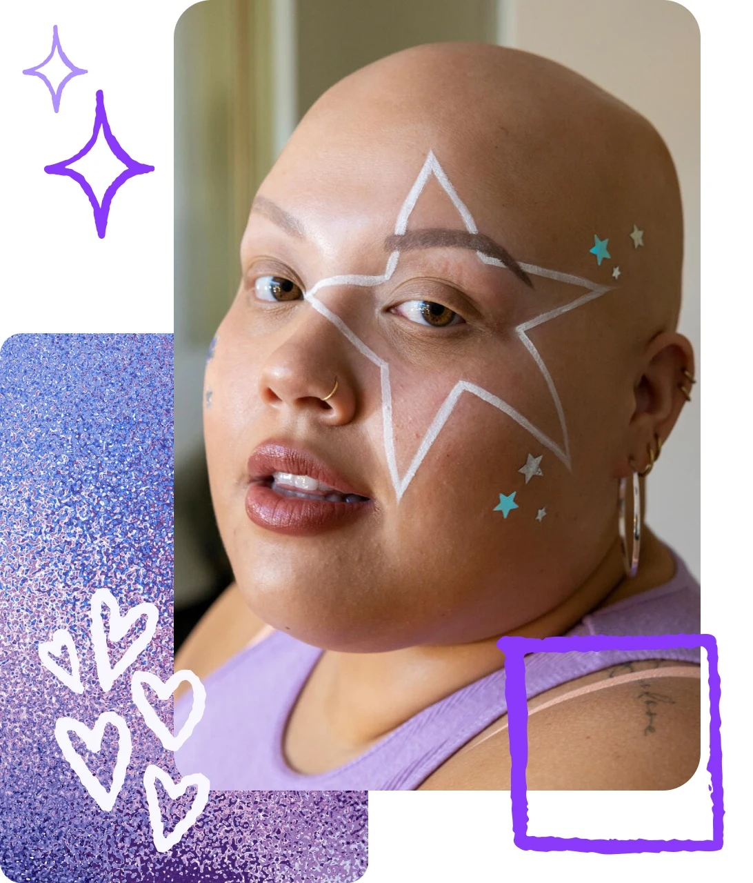Pin collage of woman with bald head wearing star makeup with purple accents