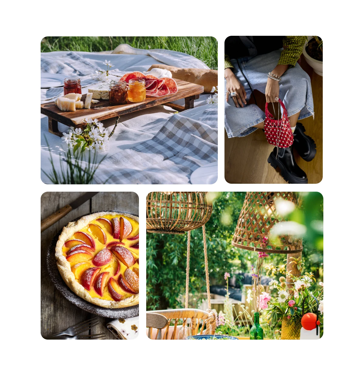 Grid of four images, including picnic food, jorts outfits, summer desserts, patio garden ideas