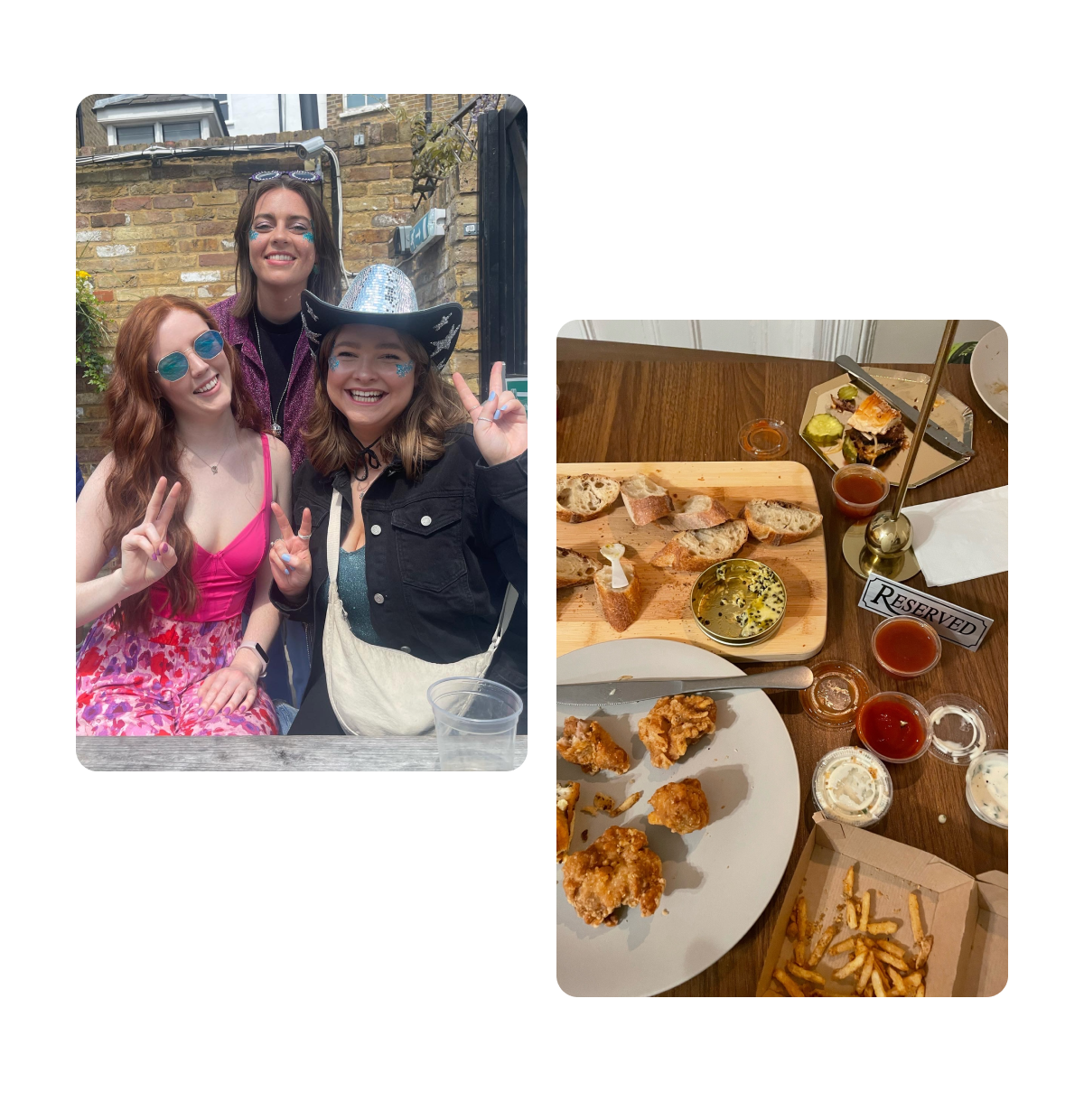 Dois Pins, três pessoas com acessórios divertidos, tábuas de comidas para compartilhar