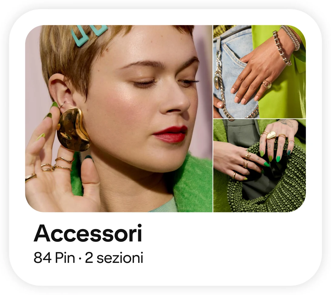 Left: A person with two teal clips in short hair putting in large brown crescent-shaped earrings while wearing a green jacket; top right: a hand in jean pockets; bottom right: a hand holding a green woven purse