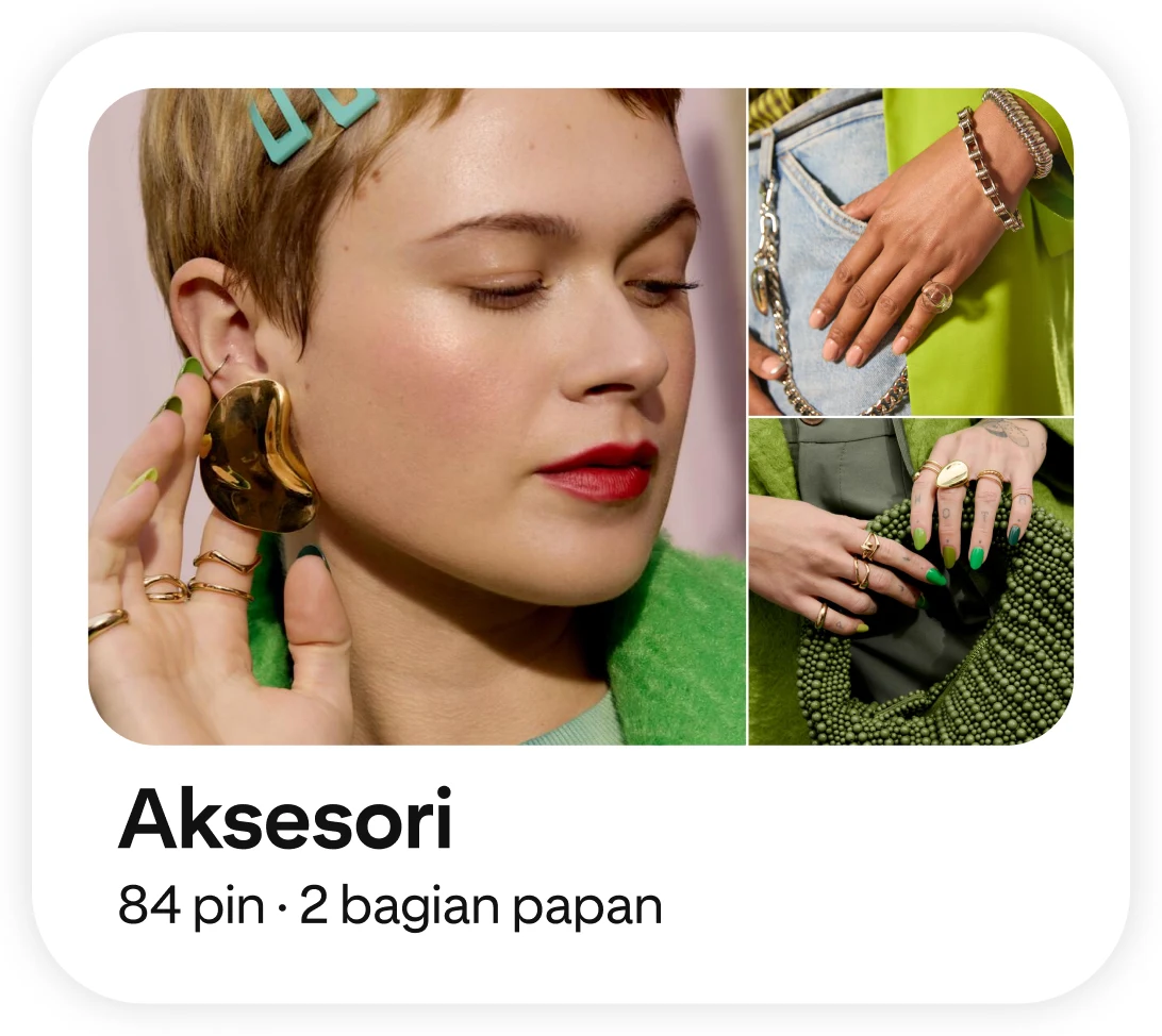 Left: A person with two teal clips in short hair putting in large brown crescent-shaped earrings while wearing a green jacket; top right: a hand in jean pockets; bottom right: a hand holding a green woven purse