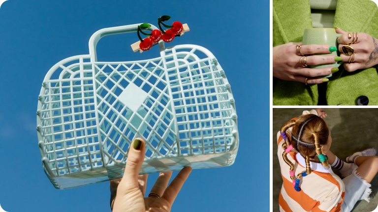 Left: A light blue wire purse held in front of the sky; Top right: hands with green nail polish holding a green mug in front of a green jacket; Bottom right: the back of a person's head with a creative twisted pigtail hairstyle 