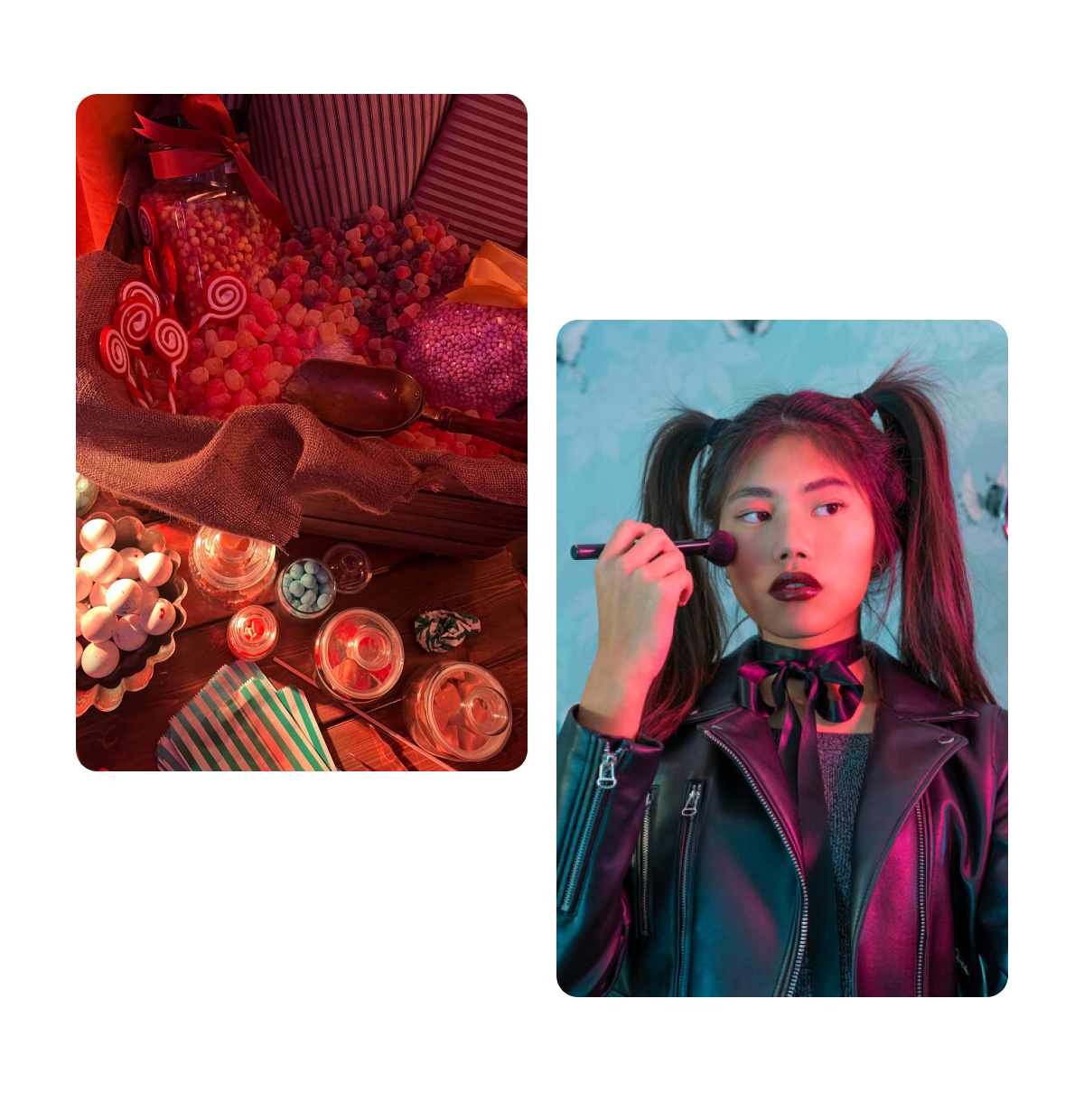 Two pins, table full of sugary snacks, girl with black lipstick 