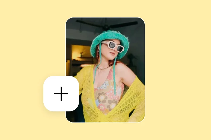 Pin featuring a woman wearing a green bucket hat, yellow sunglasses and yellow blouse
