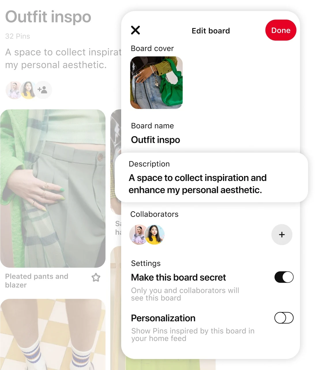 Pin grid featuring various green accessories and clothing items with demo "edit board" screen with the "description" section highlighted