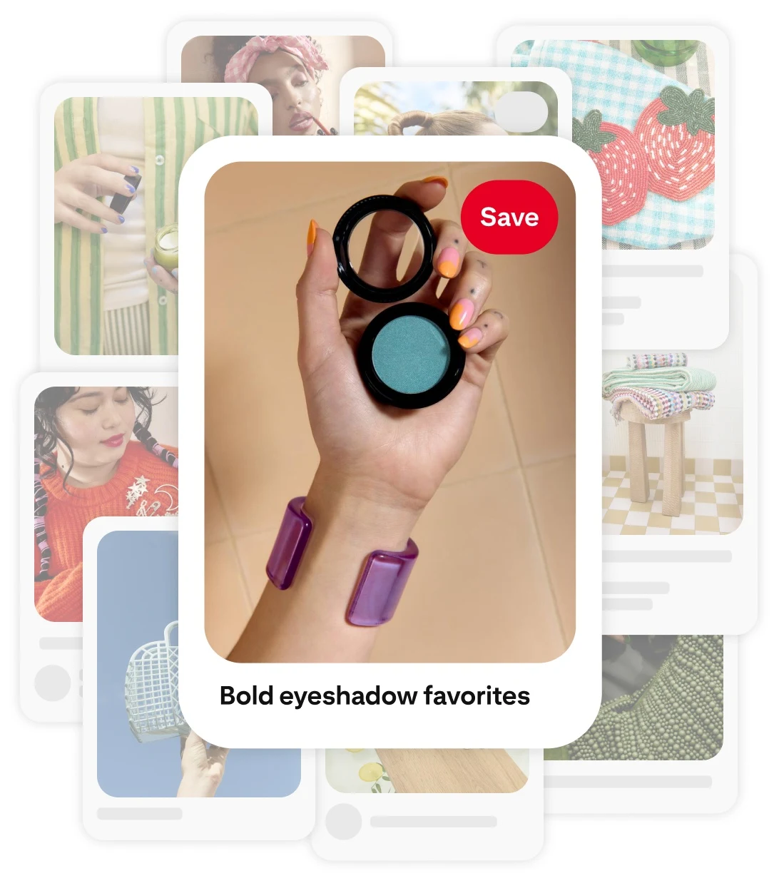 a hand wearing a chunky purple bracelet holding a blue eyeshadow compact in front of a faded collage of pins