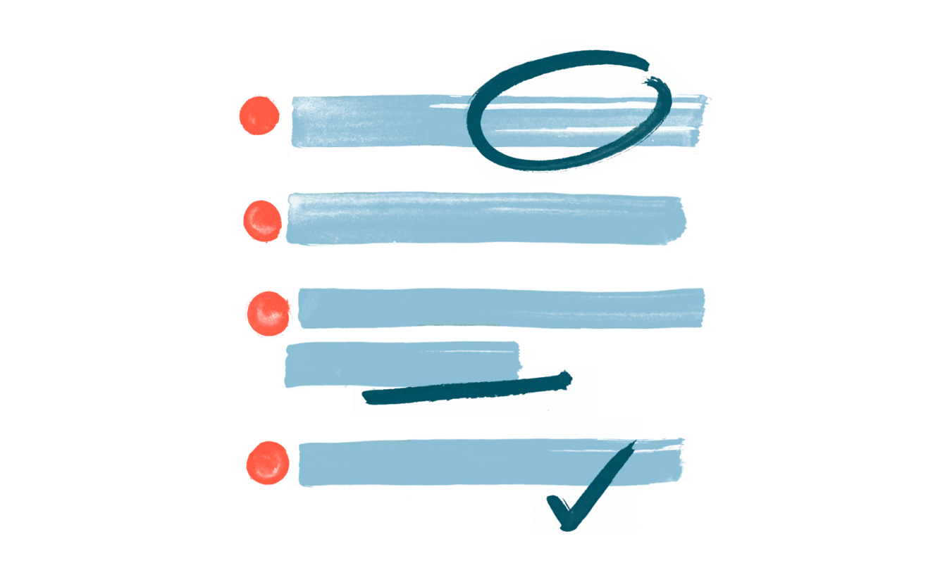 Points orange avec illustration de la liste de contrôle des lignes bleues