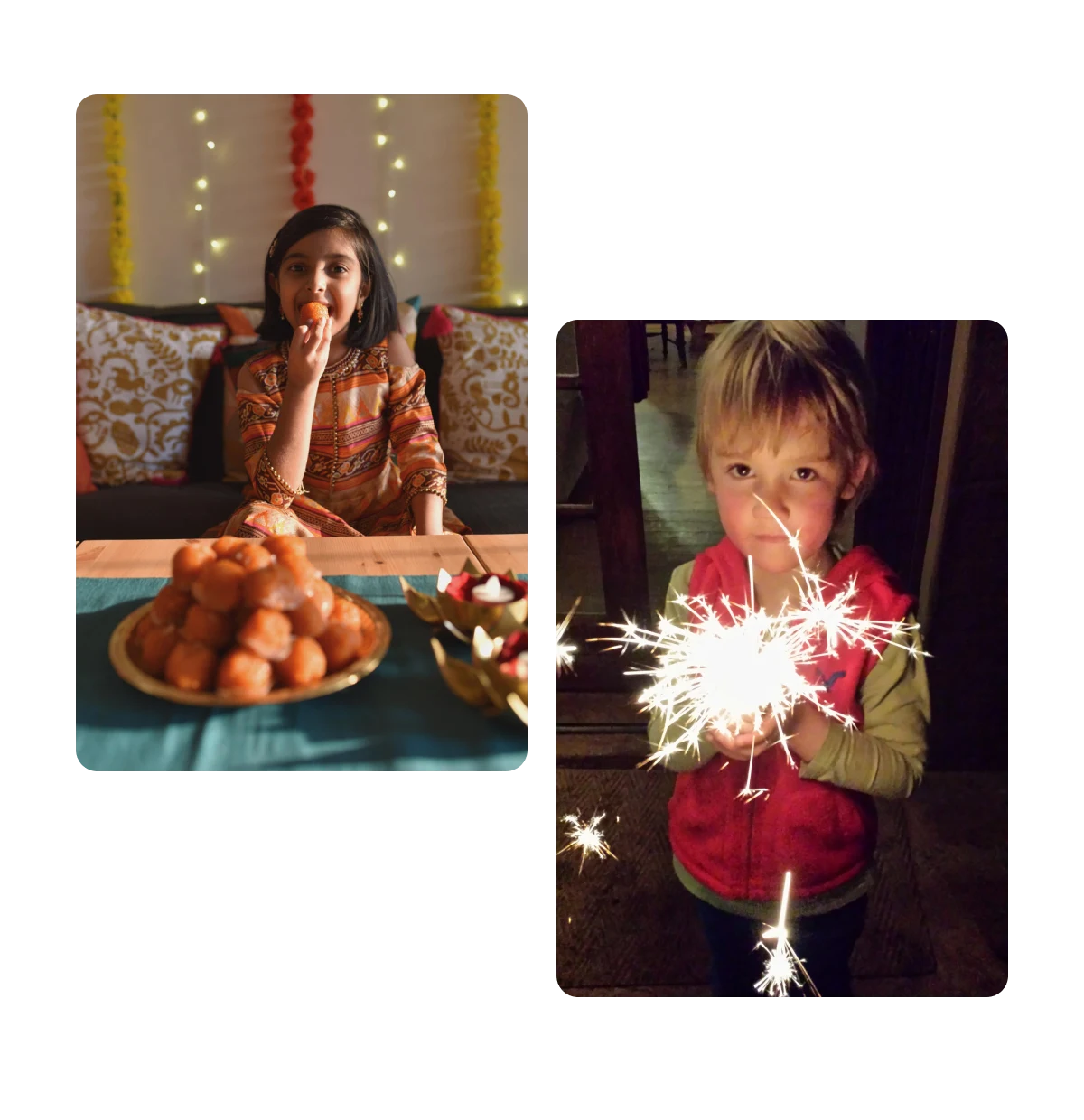 Two pins, young girl eating a doughnut, young boy holding sparklers