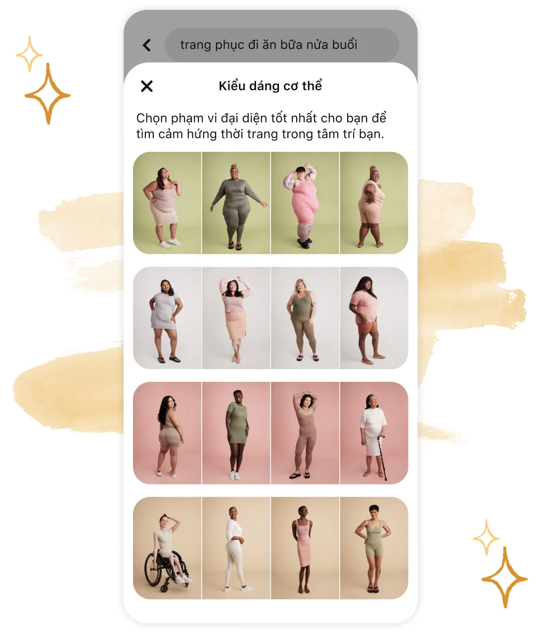 Màn hình điện thoại hiển thị 16 kiểu dáng cơ thể khác nhau