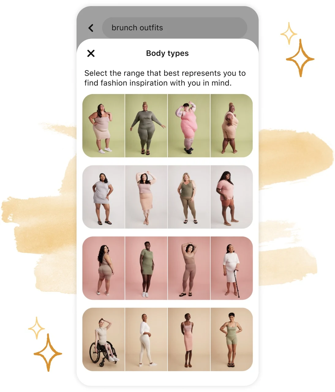 Phone screen showing 16 different body types