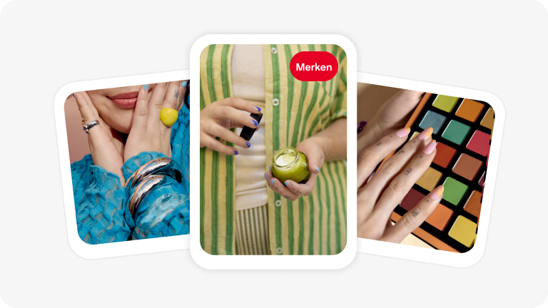 Eine Reihe von drei Pins: Nahaufnahme einer Frau, die ihre Hände vors Gesicht hält und silberne Armreifen trägt; eine Person, die ein Glas Lotion öffnet; eine kräftige, farbenfrohe Lidschatten-Make-up-Palette.