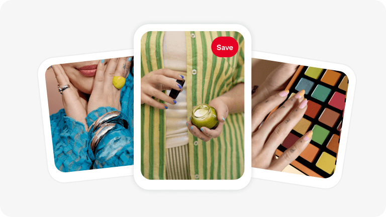 A row of three Pins: A close-up of a woman holding her hands to her face, wearing silver bangle bracelets; a person opening a jar of lotion; a bold, colourful eyeshadow make-up palette.