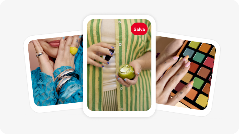 Una serie di tre Pin: primo piano di una donna che tiene il viso tra le mani e indossa bracciali d&#x27;argento; una persona che apre una confezione di crema; una palette di ombretti colorati e audaci.