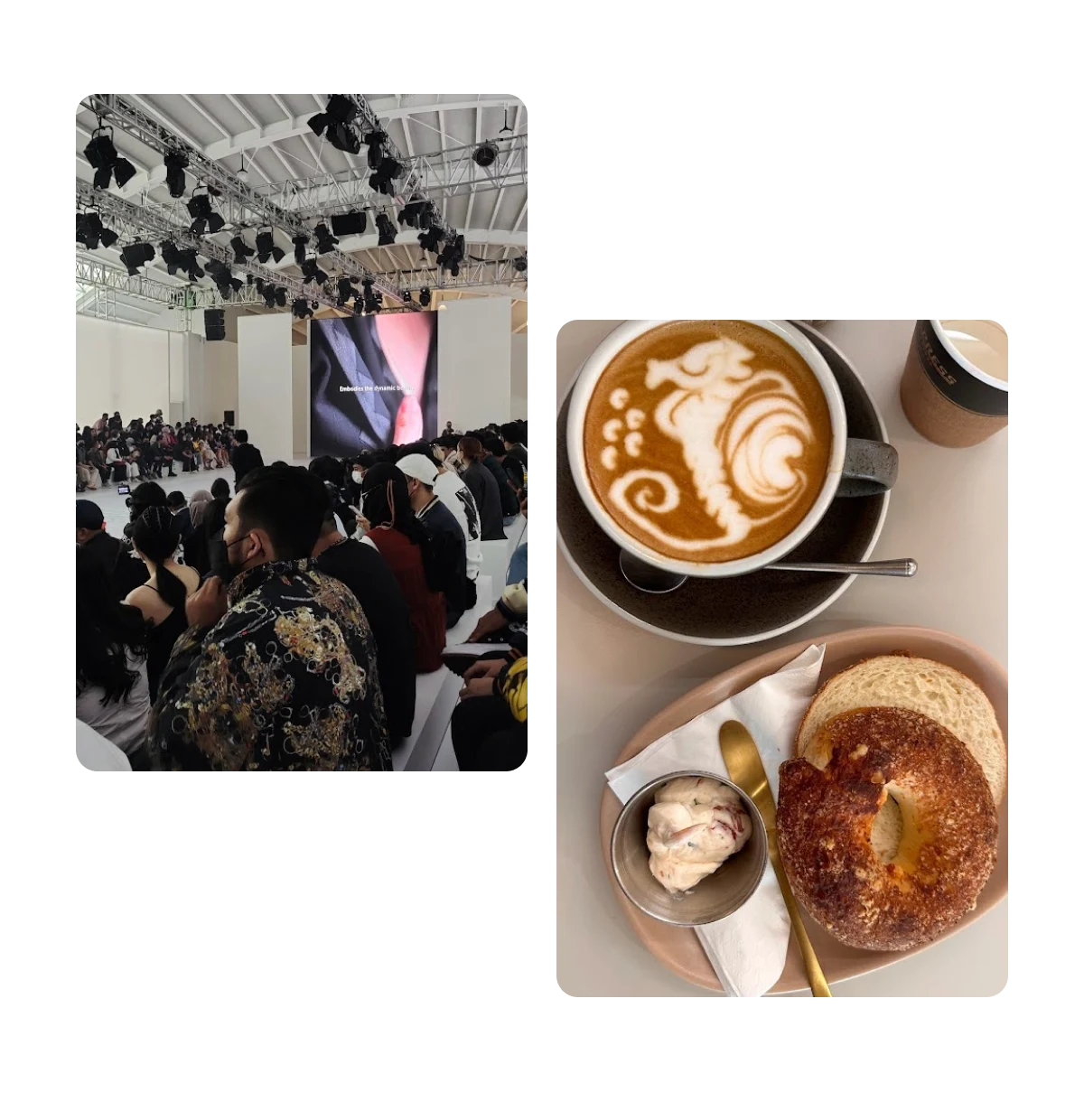 Two pins, people at popular event, and coffee and pastry
