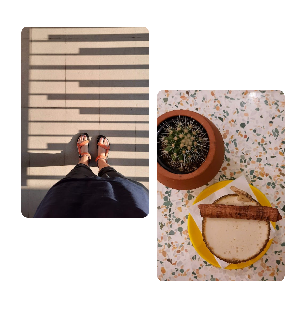 Two pins, sandaled feet on path, dish next with plant