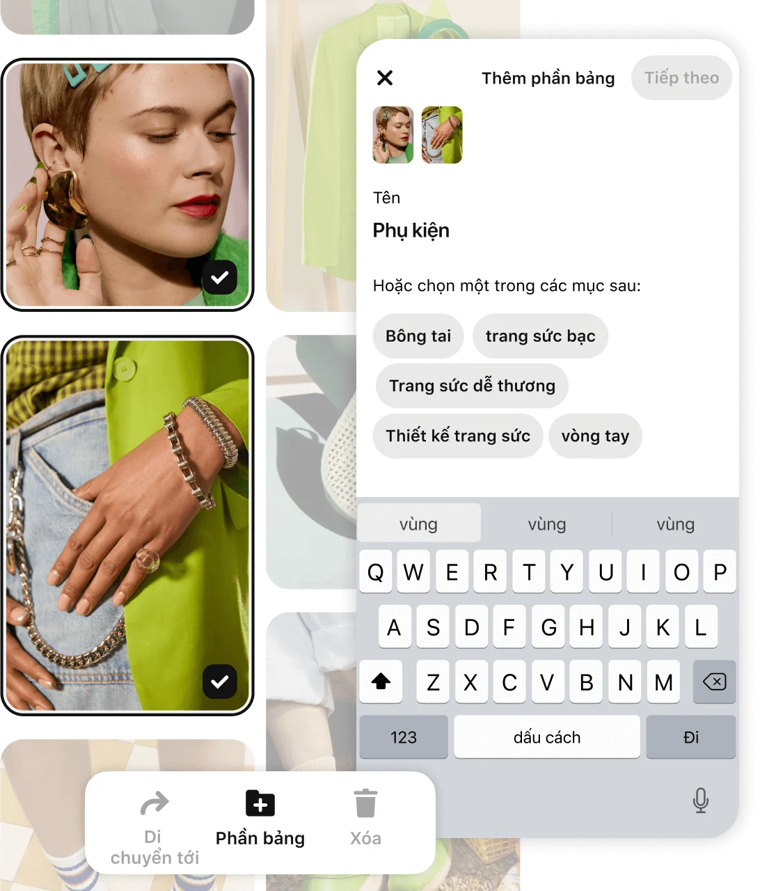 Lưới ghim có nhiều phụ kiện và mục sản phẩm quần áo màu xanh lá cây với màn hình minh họa tính năng "thêm phần" của bảng 